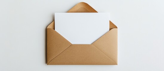 Aufkleber - Horizontal mockup of a blank white greeting card inside an open light brown paper envelope top view with a soft white background and clear edges.