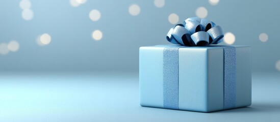 Poster - Blue gift box with a shiny black and blue ribbon on a soft blue background, softly blurred lights in the background create a festive atmosphere