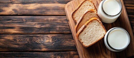Poster - Breakfast arrangement featuring sliced brown bread and two jars of milk on a rustic wooden cutting board against a dark wooden surface.