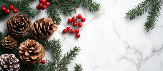 Poster - Brown pinecones arranged with evergreen tree leaves and vibrant red berries on a white marble surface creating a festive holiday atmosphere