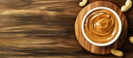 Aufkleber - Creamy peanut butter in a white bowl on a round wooden board with scattered peanuts on a rustic wooden background with ample copyspace