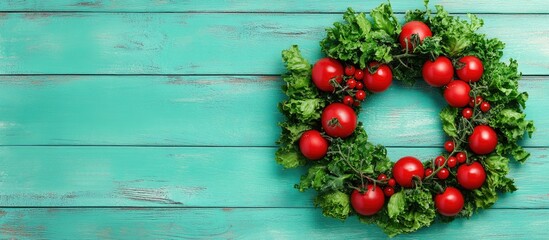Poster - Healthy Christmas wreath featuring vibrant red tomatoes and fresh green lettuce on a turquoise wooden background ideal for festive greeting cards and banners.