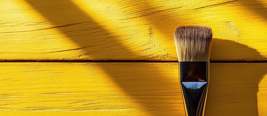 Poster - Yellow wooden background with a makeup brush on the right, strong shadows cast diagonally across the image, retro style with bright lighting.