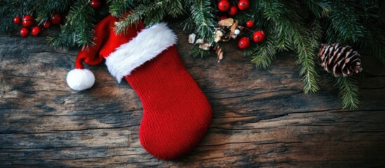 Poster - Festive red Christmas stocking with white fur pom-pom on scratched wooden surface surrounded by spruce branches and ornamental red berries
