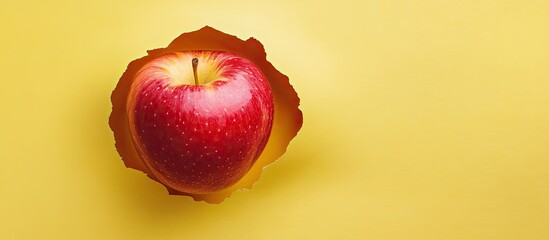 Poster - Red and green apple emerging from yellow background hole showcasing fruits vitamins with copy space on right side for advertising or marketing use