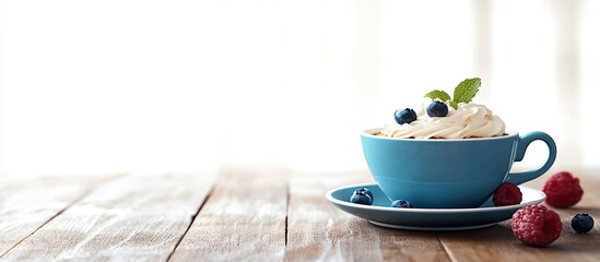 Poster - Fresh blue cappuccino cup with whipped cream and berries on a wooden table, positioned left against blurred white background, summer cafÃ© vibe.