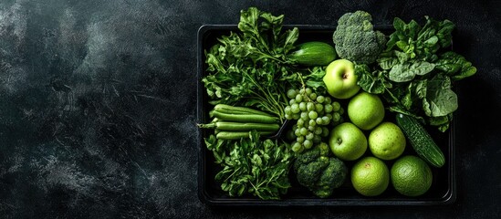 Poster - Assorted green vegetables and fruits arranged aesthetically on a dark tray featuring greens, apples, cucumbers and herbs in overhead view