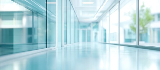 Poster - Modern glass corridor interior with soft blue tones, bright natural light streaming through large windows, creating a clean, professional atmosphere.