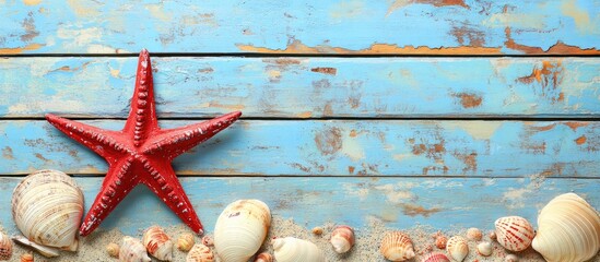 Poster - Summer beach backdrop with blue wooden planks sandy area, red starfish foreground, assorted seashells, ample copy space for marine themes.