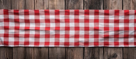 Aufkleber - Red and white checkered tablecloth laid flat on a rustic wooden table creating a warm and inviting ambiance with linear patterns and textures.