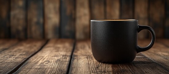 Poster - Black coffee cup positioned on right side against a textured brown wood background with warm lighting creating a cozy morning ambiance