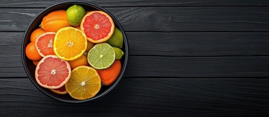 Poster - Vibrant bowl filled with assorted citrus fruits including oranges, grapefruits, and limes arranged on a black wooden surface top view