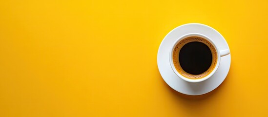 Poster - Aromatic black coffee in a white cup centered on a vibrant yellow background with negative space for text on the right side of the image