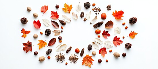 Poster - Autumn mandala arrangement of orange and red leaves acorns and pine cones on white background circular layout with empty center for text