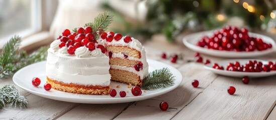Poster - Freshly baked cake on a white plate with red berries and whipped cream on a light wooden table; decorated with spruce sprigs and berries.