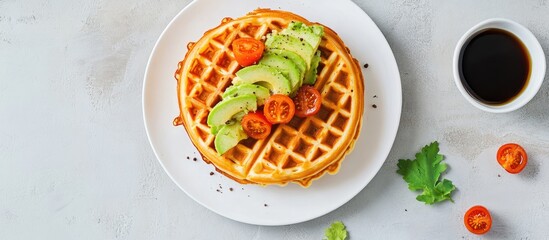 Poster - Belgian waffles topped with sliced avocado and cherry tomatoes on a white plate against a light gray background with coffee and fresh herbs overhead view