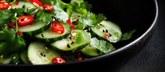 Poster - Fresh cucumber salad garnished with vibrant red chili pepper and green coriander served in a black bowl against a dark background, close-up view.