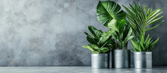 Aufkleber - Lush green houseplants in silver tin cans arranged on a textured grey stone table with ample negative space for text placement.