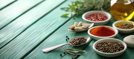Aufkleber - Close-up of assorted spices in white bowls and silver spoons arranged on a green wooden table with olive oil and fresh herbs on the side
