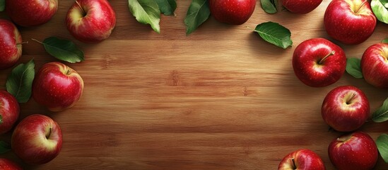 Poster - Red apples with green leaves arranged on a wooden board framed by negative space for autumn themes natural colors top view layout