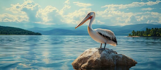Poster - Pelican with white feathers and black wing markings standing atop a large rock in serene lake water surrounded by lush greenery and mountains in background