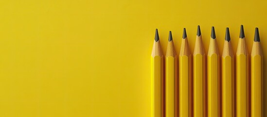 Aufkleber - Yellow pencils arranged in a straight line against a vibrant yellow background with a smooth texture showcasing their wooden details and black tips.