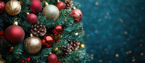 Poster - Close-up view of a festive Christmas tree adorned with red and gold ornaments, pine cones, and twinkling lights against a teal background
