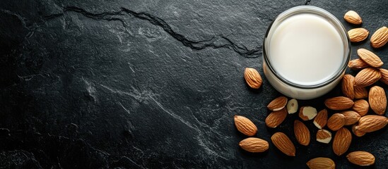Aufkleber - Almond seeds scattered beside a small glass of milk on a textured black stone background with ample space for text on the left side