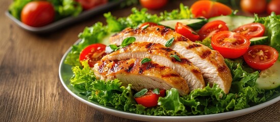 Poster - Grilled chicken breast slices topped with cherry tomatoes and fresh green lettuce on a white plate with a wooden background and copyspace for text.
