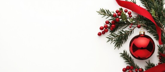 Aufkleber - Christmas arrangement featuring a glossy red bauble with a lush arrangement of green spruce branches and red holly berries on a bright white background