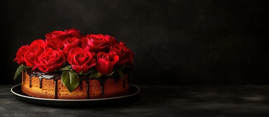 Poster - Elegant birthday cake decorated with vibrant red roses positioned on top against a dark textured background creating a rich contrast and depth