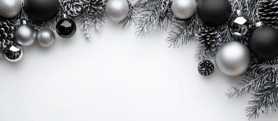 Poster - Elegant arrangement of black and silver Christmas ornaments adorned with pinecones and greenery on a pristine white background, showcasing ample copy space.