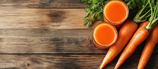 Poster - Freshly squeezed carrot juice in clear glasses on a rustic wooden surface with vibrant orange juice and whole carrots arranged on the side