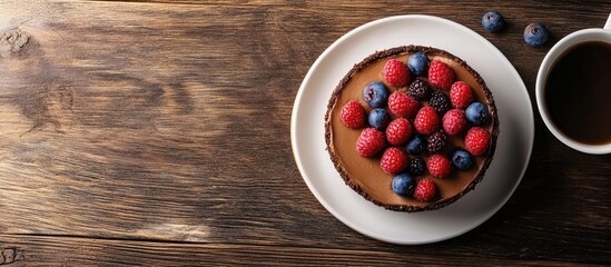 Poster - Chocolate cheesecake with berries on a white plate next to a coffee cup arranged on a rustic wooden table featuring warm brown tones