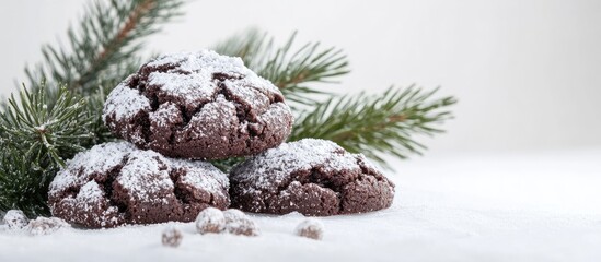 Poster - Chocolate crinkle cookies dusted with powdered sugar arranged on white background with evergreen fir branches in foreground creating festive ambiance