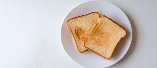 Aufkleber - Toasted bread slices on a white plate centered on a bright white table surface viewed from above showcasing golden brown crispiness