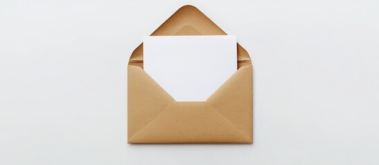 Fototapete - Horizontal blank greeting card mockup on a closed brown paper envelope positioned at center against a light grey background.