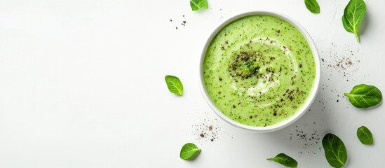 Poster - Broccoli cream soup in a white bowl on a white background with fresh green spinach leaves and black pepper sprinkled around