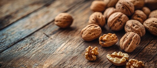 Aufkleber - Close up of scattered walnuts on a rustic wooden surface with distinct textures showcasing their brown shells and creamy interior halves on the left.