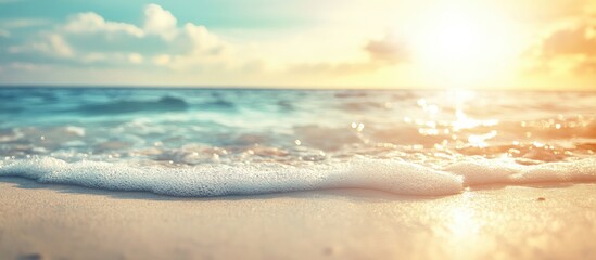 Aufkleber - Tropical beach scene with soft golden sunlight casting bokeh on gentle waves and sandy shore in vintage tones ideal for summer travel themes
