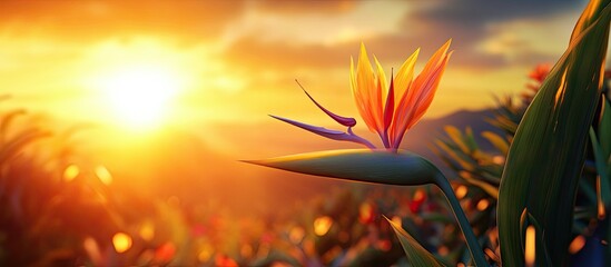 Aufkleber - Vibrant birds of paradise flower in vivid orange and yellow hues positioned in foreground against a warm golden sunset backdrop with lush greenery.