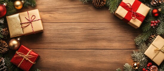 Aufkleber - Christmas gifts wrapped in gold and red with pine cones and holiday ornaments arranged on a rustic wooden surface background.