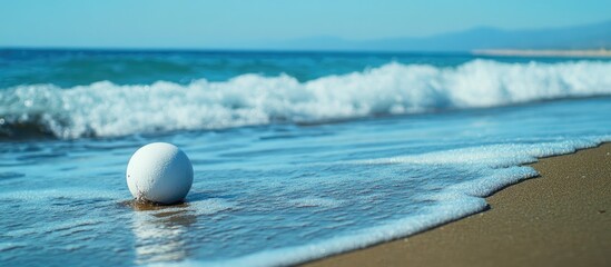 Aufkleber - White ball nestled on sandy beach edge with gentle waves lapping, clear blue water in background and distant mountains under a bright sky.