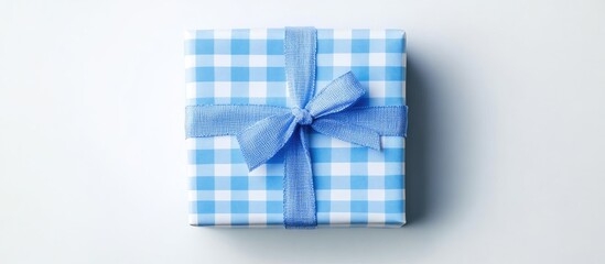 Poster - Blue checkered gift box with a light blue ribbon on a white background top view showcasing a clean design and ample copy space for promotions