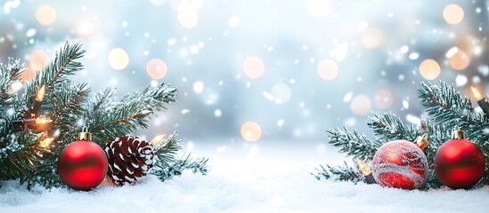 Aufkleber - Christmas background with snow-covered evergreen branches on the sides, red decorations, soft glowing bokeh lights, and a serene winter atmosphere.