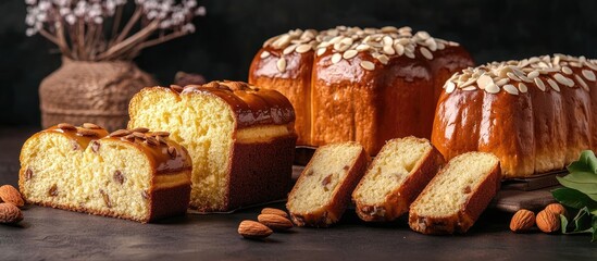 Aufkleber - Traditional Russian and Ukrainian Easter cakes Kulich and Paska with glazed almond topping arranged on a dark table with sliced portions visible