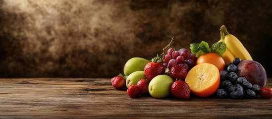 Poster - Assorted fresh fruits including bananas grapes and berries arranged on a wooden table with a dark textured background for healthy eating concepts