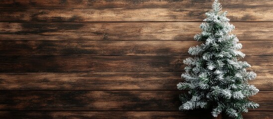 Poster - Frosted Christmas fir tree positioned on the left side of a rustic wooden background with ample copy space on the right for seasonal designs