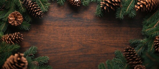 Poster - Aerial view of a rustic wooden background framed with vibrant green fir branches and brown pine cones creating a festive Christmas ambiance