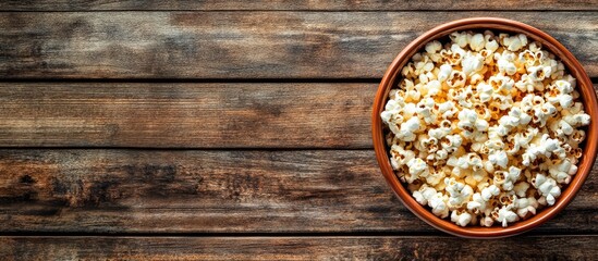 Poster - Bowl of freshly popped popcorn on a rustic wooden background with a warm brown tone top view featuring ample copyspace on the left side